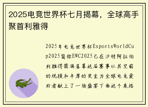 2025电竞世界杯七月揭幕，全球高手聚首利雅得