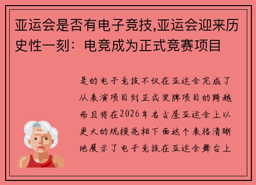 亚运会是否有电子竞技,亚运会迎来历史性一刻：电竞成为正式竞赛项目